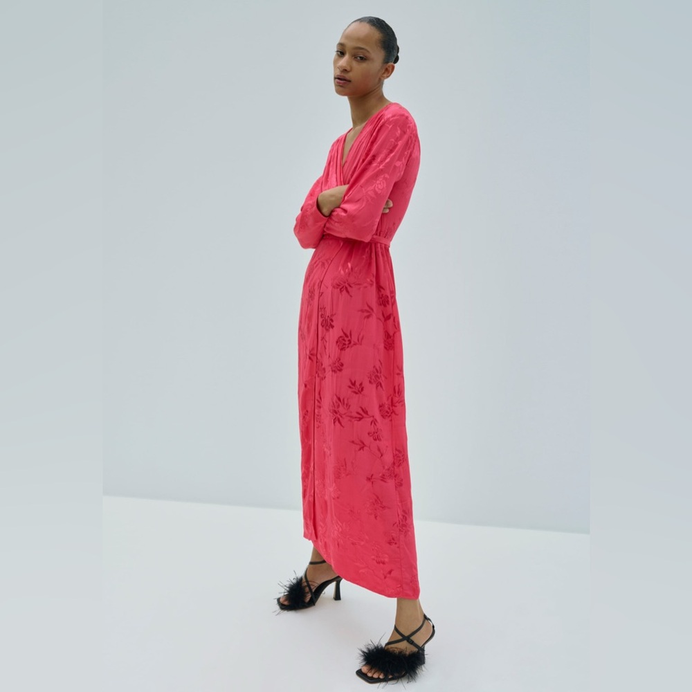 Zara Long Fuchsia Pink Jacquard Wrap Dress, small
